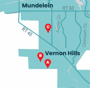 partial illustrated map of bookmobile stops in Mundelein and Vernon Hills