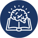 white icon on blue background of an open book with a brain