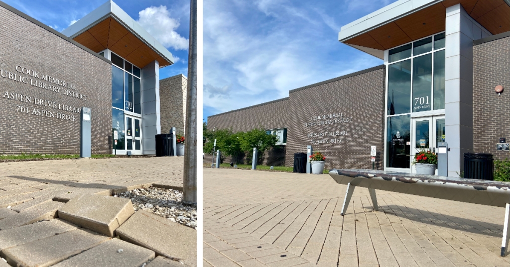 Aspen Drive Library's plaza is showing 12 years of wear and tear. Left photo shows loose brick pavers in foreground and Aspen Drive Library's main entrance in background. Right photo shows wear and tear to the benches at main entrance.