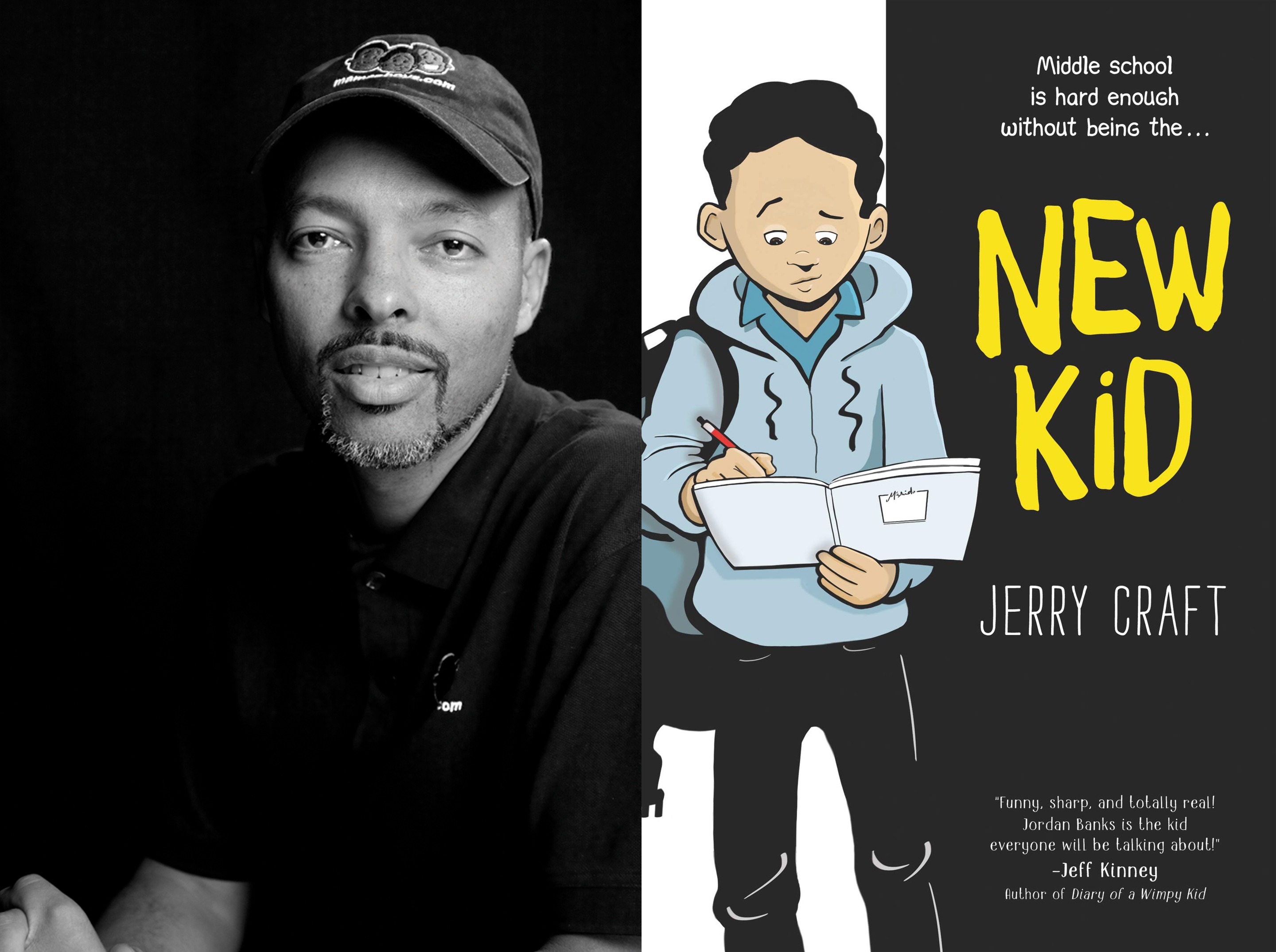 black and white image of Jerry Craft on the left. On the right, the book cover of his children's book NEW KID.