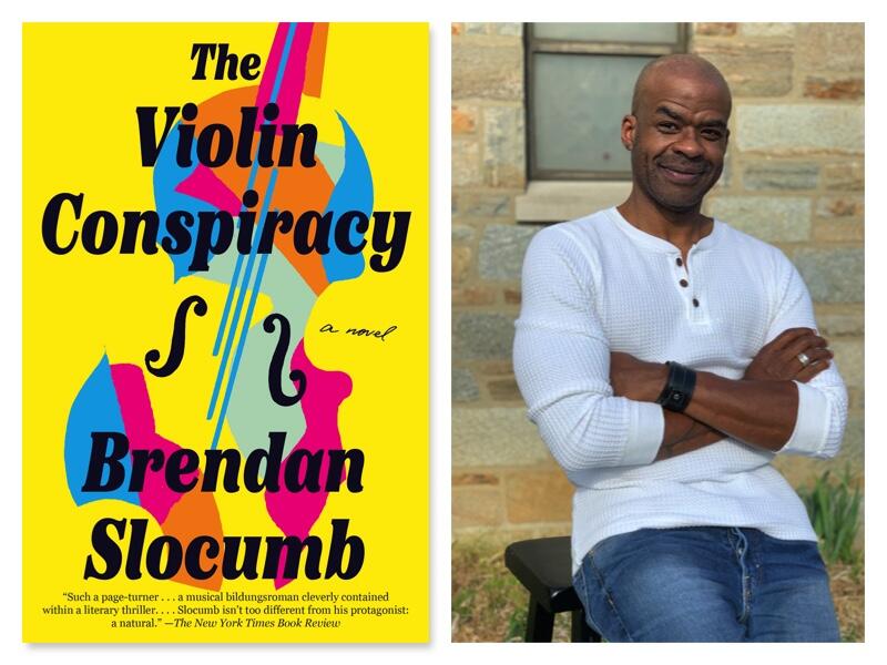 THE VIOLIN CONSPIRACY by Brendan Slocumb book cover on the right. On the left, the author's headshot.