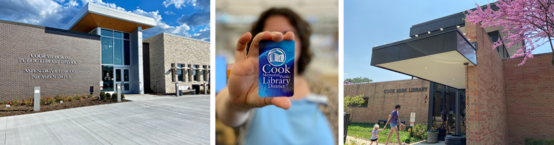 a collage of images of the library buildings and a staff member holding a library card