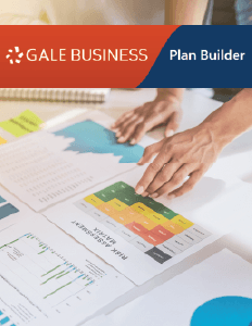 image of someone's hand on business papers. TEXT: Gale Business Plan Builder