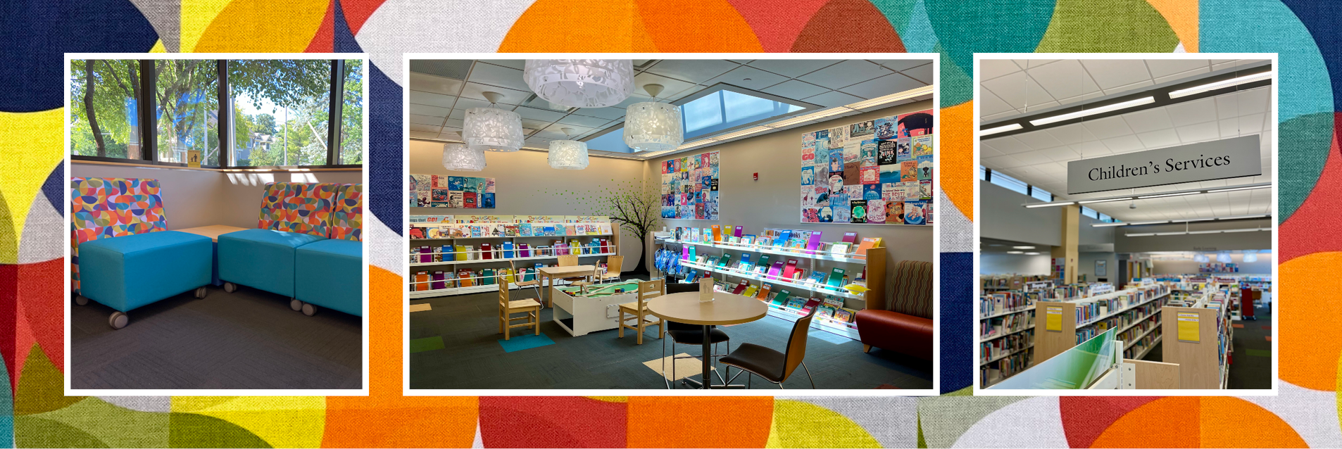 a collage of three images showing various scenes in the children's area at cook park library