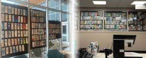 Two photos. One of bookmarks hanging in Aspen Drive Library and the other of bookmarks hanging in Cook Park Library