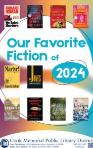 Cover for Our Favorite Fiction of 2024 Booklet, including pictures of the following books: We Solve Murders, All the Colors of the Dark, The Women, Anita De Monte Laughs Last, Martyr!, James, Sandwich, Horror Movie, The God of the Woods, and The Wedding People.