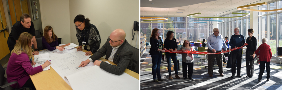 Left: Library staff analyze expansion plans, 2018. Right: Members of the Library Board of Trustees cut the ribbon at the grand reopening, 2019.