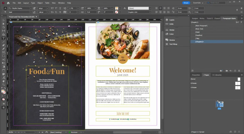 screenshot of Adobe InDesign showing a brochure page