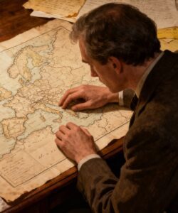 A Man Looking at an Old Map