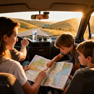 A Family Traveling in a Car with a Road Atlas