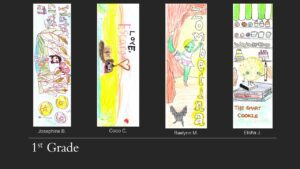 Four bookmark designs: a person with a yellow star by Josephine B., a snail holding a heart by Coco C., a green ballerina with a flying bat by Raelynn M., and a cookie standing on books holding a pencil by Elisha J. with the heading First Grade