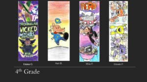 Four bookmarks: a purple and yellow illustration of witches by Esosa O., an illustration of a cartoon dog by Aun B., an illustration of a cartoon cat dressed as a ninja reading a book by Mira P., and a drawing of three cartoon frogs jumping with a detailed background by Steven P. with the heading fourth grade
