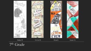 Four bookmarks: an illustration of a stuffed rabbit by Bailey W., a book cover with the title A Good Girl’s Guide to Murder by Emma M., a police car drawing by Rosa E., and a close-up of a colorful design by Susan H. with the heading seventh grade