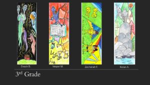 Four hand drawn bookmarks: an illustration of cartoon superheroes on a black background by Enoch B., an open book with Dragons by Vesper M, two cartoon bug people with a blue and green background by Zechariah F., and a forest with a robot standing on a rock by Nolan A. with the heading third grade