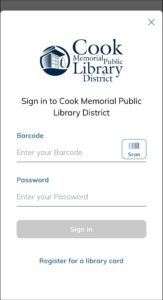 Login page for library app, asks for barcode and password