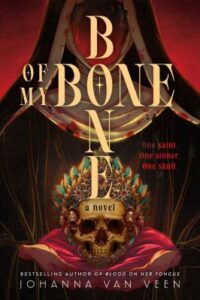 Bone of My Bone Book Cover: a skull with a crown is sitting on a plush red cushion