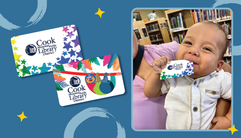 A photo of a baby with a Cook Memorial Public Library Card in its mouth.